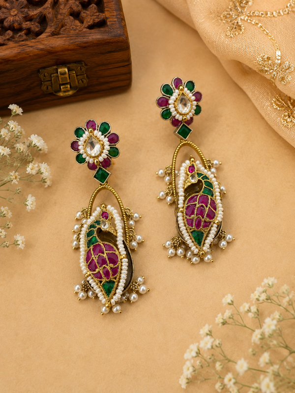 Kundan peacock earrings