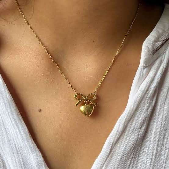 A-Heart Linked Anti-Tarnish Gold-Plated Chain NeckPendantStainless Steel Waterproof Bow NecklaceNeckpieces Gift for Women and Girls image 0