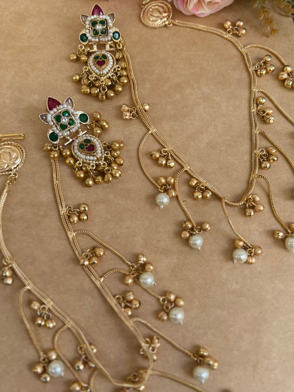 KASHMIRI STYLE PACHI KUNDAN KAAN CHAIN image 0